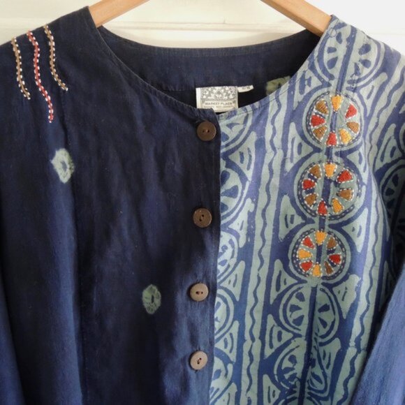 Market Place Blue Batik Cotton Button Jacket Top S/M *Runs L - Picture 3 of 8